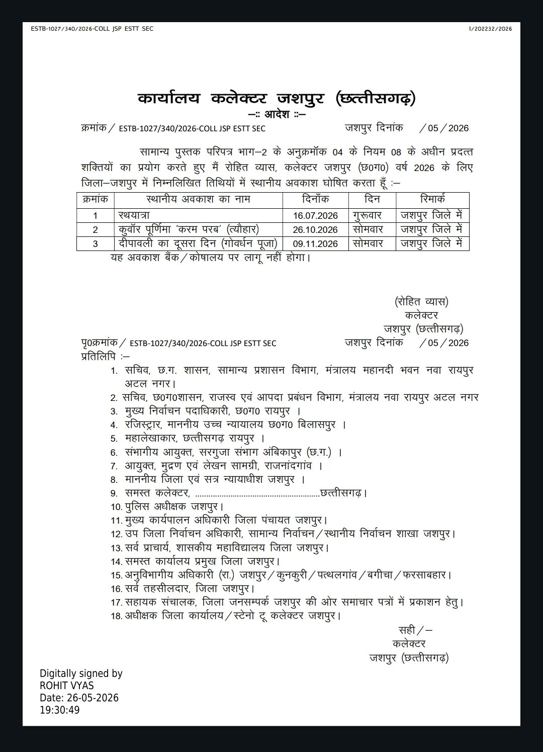 जशपुर जिले में वर्ष 2026 के लिए 3 स्थानीय अवकाश घोषित: कलेक्टर रोहित व्यास ने जारी किया आदेश; रथयात्रा, करम परब और गोवर्धन पूजा पर रहेगी छुट्टी